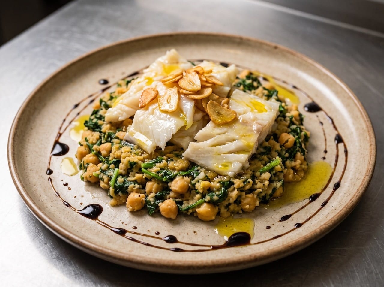 bacalhau com migas de grao e azeitonas desidratadas